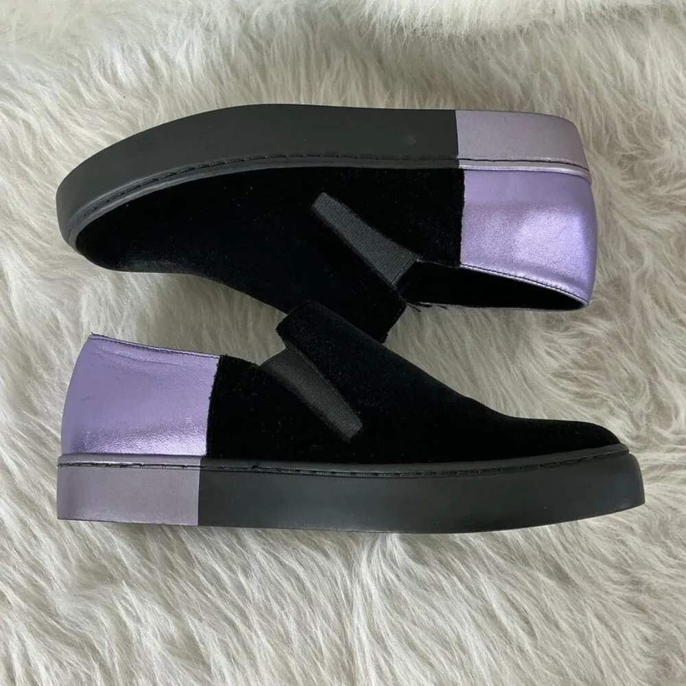 Free People Black Velvet Purple Metallic Leather Varsity Slip On Sneakers 37 US